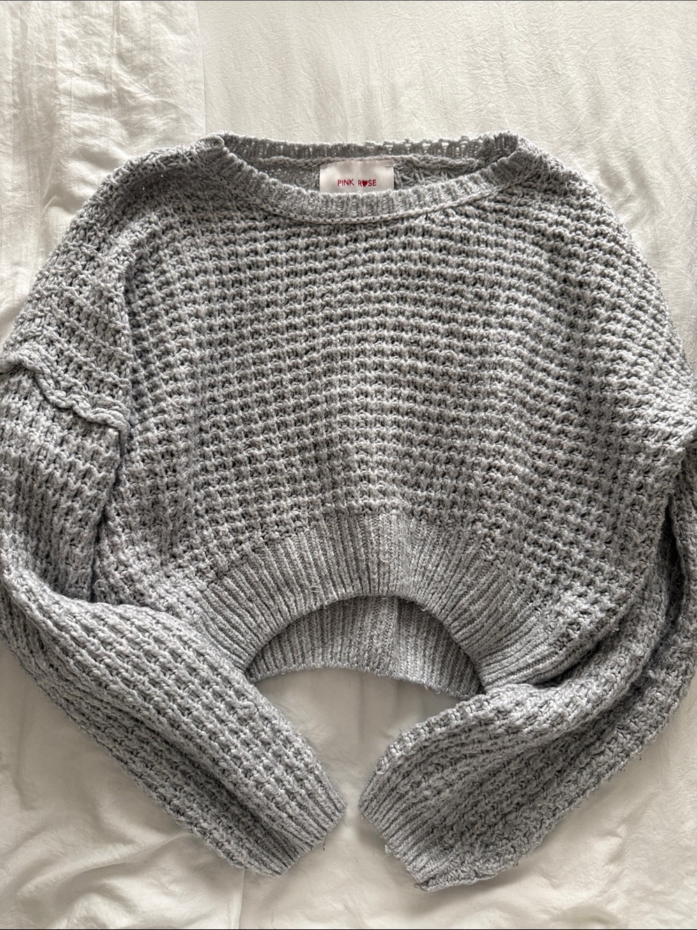 PINK ROSE Light Gray Cropped Waffle-Knit Women's Sweater